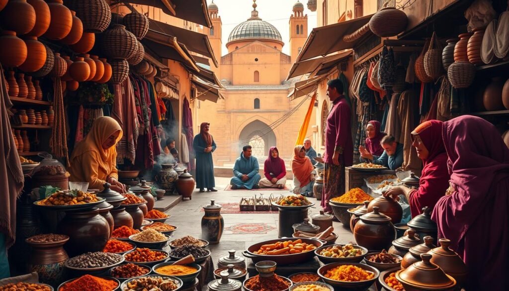 A bustling Moroccan marketplace, bathed in warm natural light and vibrant colors. In the foreground, an array of traditional spices, dried fruits, and earthenware pots overflow with steaming tagines and aromatic couscous. Vendors in colorful robes and headscarves haggle with customers, the air thick with the scent of saffron, cumin, and fresh mint. In the middle ground, a group of locals sit cross-legged on cushions, sharing a hearty communal meal, laughter and conversation filling the space. In the background, the iconic domes and minarets of a historic Moroccan architecture frame the scene, hinting at the deeply-rooted culinary traditions of this timeless land.