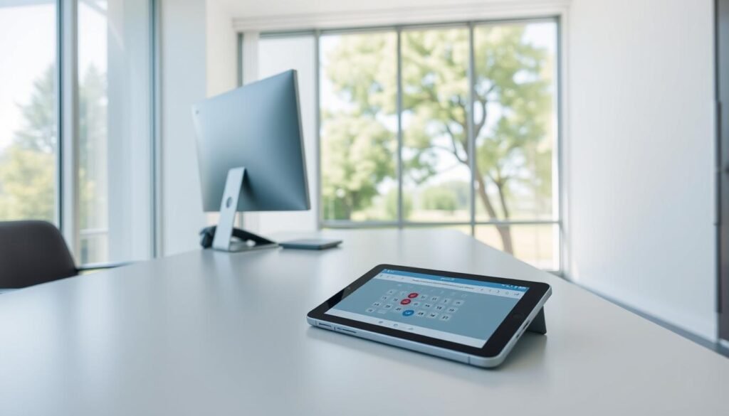 A modern, minimalist office interior with a prominent desk, a desktop computer, and a telephone. The desk is situated in front of a large window, allowing natural light to flood the space. On the desk, there is a tablet or smartphone displaying a calendar or scheduling app, indicating the process of booking an appointment. The overall atmosphere is professional, calm, and organized, conveying the ease of scheduling a medical appointment. The scene is captured from a slightly elevated angle, providing a clear and unobstructed view of the workspace.