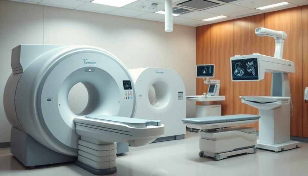 A brightly lit medical imaging suite, with a variety of diagnostic equipment prominently displayed. In the foreground, a state-of-the-art MRI scanner sits, its sleek design and intricate controls suggesting advanced capabilities. In the middle ground, a high-resolution CT scanner stands, its intricate array of sensors and panels hinting at its precise imaging abilities. Behind them, a modern ultrasound system and classic X-ray machine occupy the background, completing the comprehensive array of imaging modalities. The room is bathed in a warm, professional ambiance, with clean lines, muted colors, and an overall sense of technological sophistication befitting a leading radiology center.