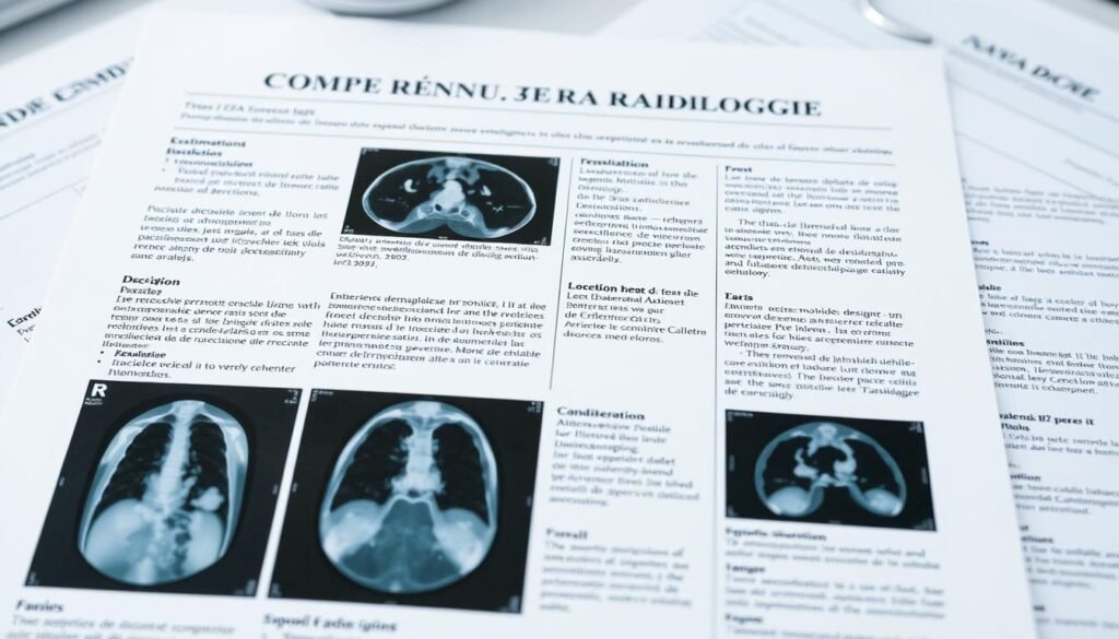 A comprehensive medical report, meticulously crafted with clinical precision. The document's header prominently features the title "Compte Rendu de Radiologie", conveying the authoritative nature of the content within. The layout is clean and organized, allowing the reader to navigate the various sections with ease. Detailed radiographic images occupy the central portion, showcasing the intricate anatomical structures captured by advanced imaging techniques. Complementary textual descriptions provide expert analysis, guiding the reader through the findings. The overall tone is professional yet accessible, ensuring the report's utility for both medical professionals and patients alike. Subtle lighting and a neutral color palette lend an air of seriousness and credibility to the scene, reflecting the gravity of the subject matter.