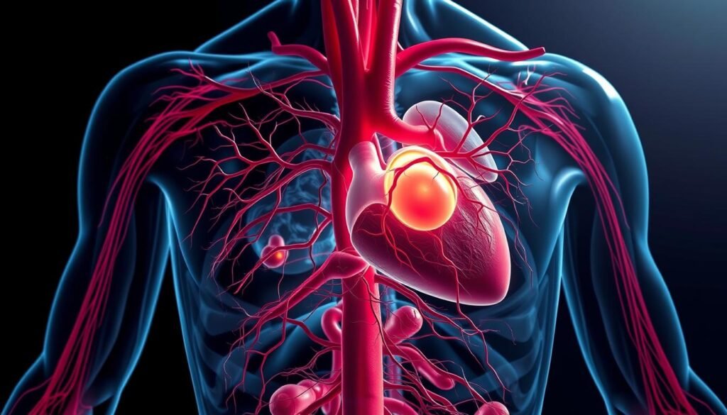 A detailed cross-section of the human circulatory system, highlighting the early detection of vascular diseases. The scene depicts the intricate network of blood vessels, arteries, and veins, rendered in a highly realistic, anatomical style with a focus on clarity and precision. The image showcases the diagnostic capabilities of ultrasound imaging, with a clear view of the internal structures and any potential blockages or abnormalities. The lighting is soft and diffused, creating a calm, clinical atmosphere, while the camera angle provides a comprehensive overview of the circulatory system. The overall composition emphasizes the importance of early detection in maintaining cardiovascular health.