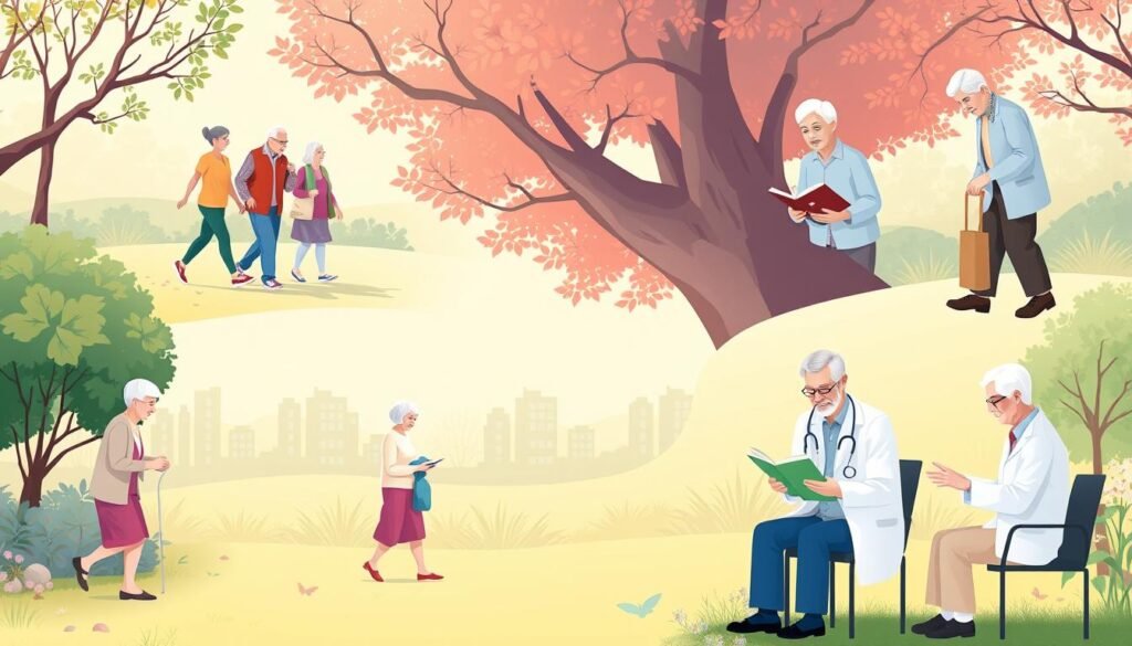 A detailed illustration of "risk factors and preventive recommendations for seniors". Show a serene scene with seniors engaged in various healthy activities: a group of elderly people walking together, an elderly person exercising outdoors, another reading a book, and one receiving a medical check-up. Depict the scene with natural lighting, soft colors, and a calm, reassuring atmosphere. Capture the importance of staying active, maintaining regular healthcare, and adopting a holistic approach to healthy aging. Convey the message of proactive prevention and improved quality of life for the senior population.