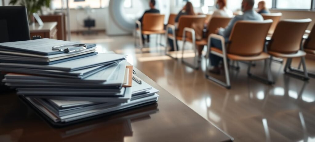 A medical facility waiting room, softly lit with natural light filtering through large windows. In the foreground, a stack of clipboards and patient files sit atop a polished reception desk. The middle ground features a row of comfortable chairs, where patients await their turn. In the background, the faint outline of a medical imaging machine, such as an MRI or CT scanner, can be seen through an open doorway. The atmosphere conveys a sense of anticipation and professionalism, as patients eagerly await the results of their medical imaging tests.