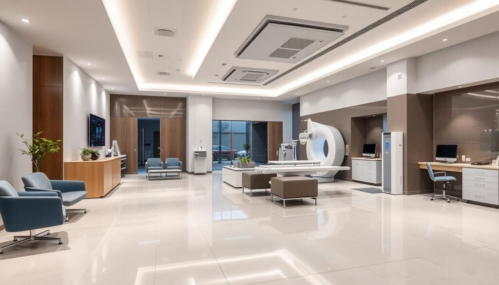 A modern, well-equipped radiology center, the Diouri Center for Radiology. The reception area features sleek, clean lines, with a muted color palette of whites, grays, and blues. Patients are welcomed by a spacious, inviting layout, with comfortable seating, subtle lighting, and a calming, professional atmosphere. The medical equipment is state-of-the-art, including advanced imaging machines and neatly organized workstations. The overall impression conveys a sense of efficiency, attention to detail, and a focus on patient comfort and care.