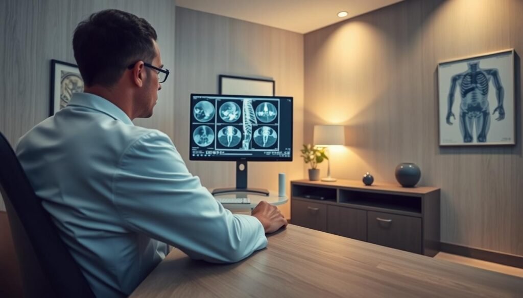 A tranquil medical office with a large desk, a computer screen displaying radiological scans, and a framed anatomical diagram on the wall. Warm, indirect lighting creates a professional yet comforting atmosphere. A doctor in a white coat sits thoughtfully, carefully analyzing the results, their face reflected in the screen's glow. Subtly textured surfaces, muted colors, and a sense of focus and concentration pervade the scene, capturing the essence of the "Analyse et interprétation des résultats d'imagerie" process.