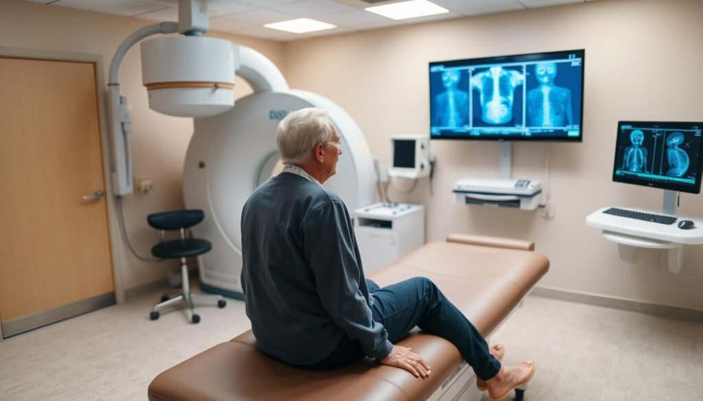 A well-lit medical examination room with a senior patient sitting on a padded examination table, facing the camera. The room is equipped with various imaging devices such as an X-ray machine, an MRI scanner, and a computer monitor displaying medical imagery. The patient appears calm and attentive, ready to follow the specific instructions provided by the healthcare professionals. The atmosphere conveys a sense of professionalism, care, and attention to detail to ensure the senior patient's comfort and optimal imaging results.