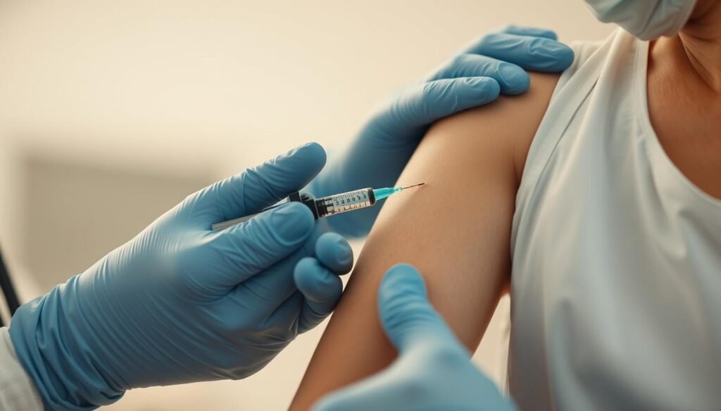 A close-up of an adult's arm being administered a vaccination by a healthcare professional in a sterile medical setting. The syringe is held with precision, and the subject's skin is gently exposed, revealing a clean, disinfected area ready for the injection. Soft, warm lighting illuminates the scene, conveying a sense of care and professionalism. The background is blurred, keeping the focus on the vaccination procedure and the person's arm. The overall mood is one of prevention, health, and trust in the medical process.