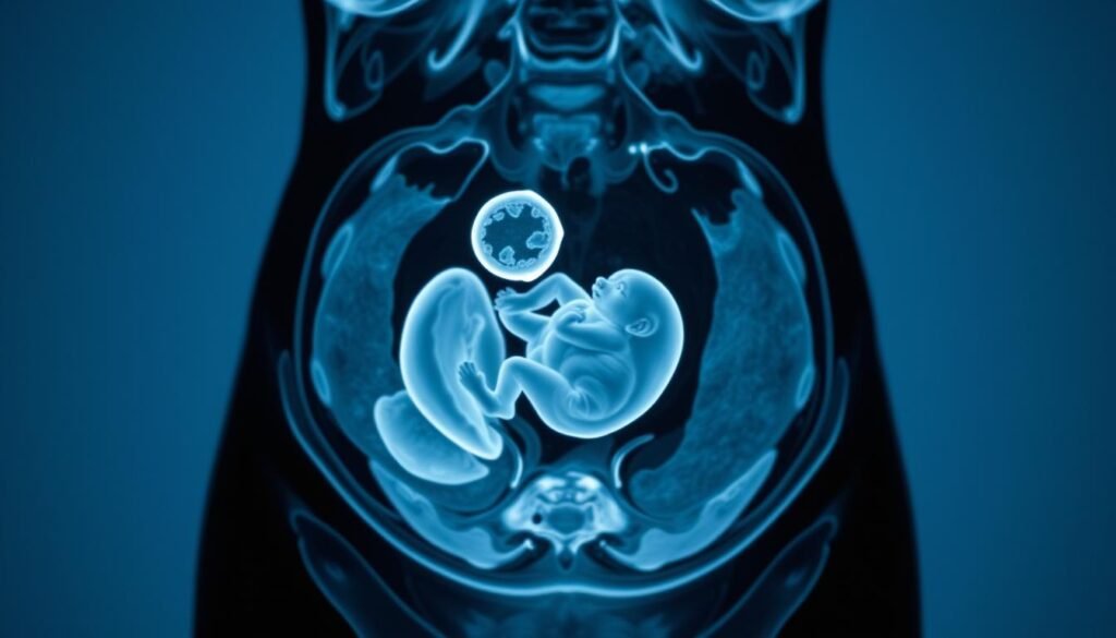 A detailed and scientifically accurate magnetic resonance imaging (MRI) scan of a pregnant woman's abdomen, captured with a high-resolution medical-grade camera. The image showcases the fetus in utero, presented in a crisp, clinical manner without any distracting elements. The lighting is soft and diffused, highlighting the intricate details of the developing child. The composition places the MRI scan at the center, surrounded by a clean, neutral background that emphasizes the diagnostic nature of the image. The overall mood is one of calm, professional detachment, suitable for inclusion in a medical publication on the role of MRI in high-risk pregnancy management.