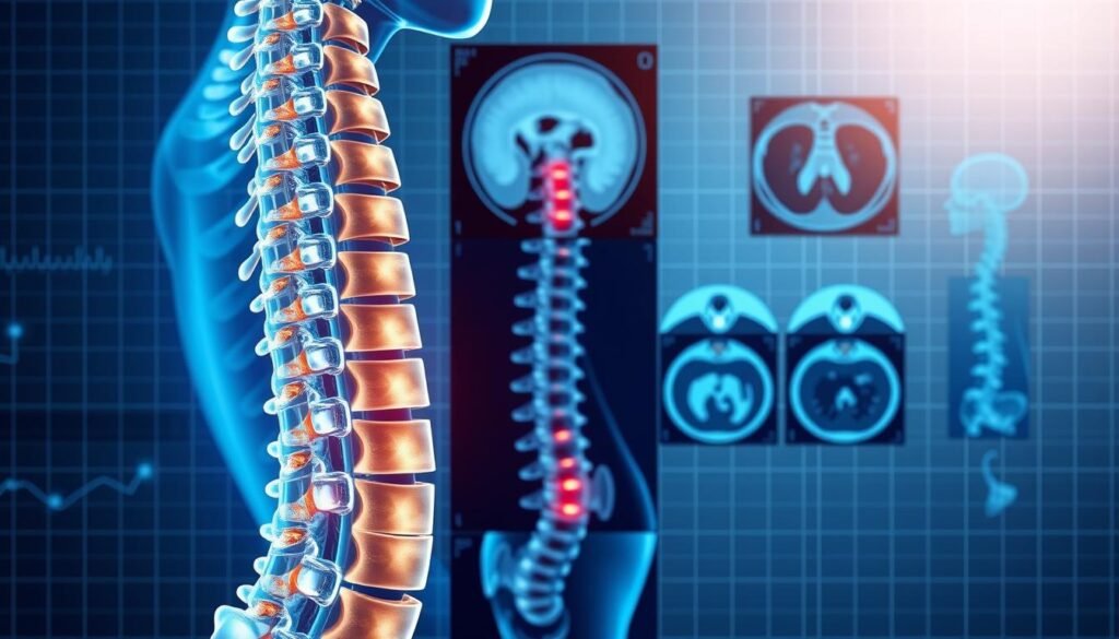 A detailed and technical medical illustration showcasing the different types of spinal imaging techniques. The foreground depicts a cross-section of the human spine, highlighting the vertebral column, discs, and surrounding structures. The middle ground features various imaging modalities such as X-ray, MRI, and CT scans, each with distinct visual characteristics. The background sets a clean, clinical atmosphere with subtle grid patterns and soft lighting to emphasize the scientific nature of the subject matter. The overall composition conveys a sense of depth, precision, and educational value to support the article's focus on spinal imaging for the diagnosis of scoliosis in both children and adults. A detailed and technical medical illustration showcasing the different types of spinal imaging techniques. The foreground depicts a cross-section of the human spine, highlighting the vertebral column, discs, and surrounding structures. The middle ground features various imaging modalities such as X-ray, MRI, and CT scans, each with distinct visual characteristics. The background sets a clean, clinical atmosphere with subtle grid patterns and soft lighting to emphasize the scientific nature of the subject matter. The overall composition conveys a sense of depth, precision, and educational value to support the article's focus on spinal imaging for the diagnosis of scoliosis in both children and adults.
