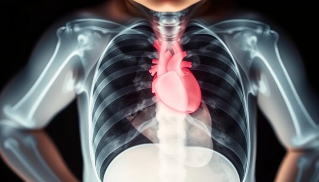 A detailed, clinical X-ray image of a child's chest, with clear visibility of the bones, lungs, and heart. Soft, diffused lighting from the side illuminates the subject, casting subtle shadows to accentuate the anatomical structures. The image is captured with a medical-grade camera, exhibiting high resolution and sharp focus. The composition emphasizes the central region of the child's torso, providing a comprehensive view for diagnostic purposes. The overall tone is professional and informative, conveying the importance of pediatric radiographic examinations.