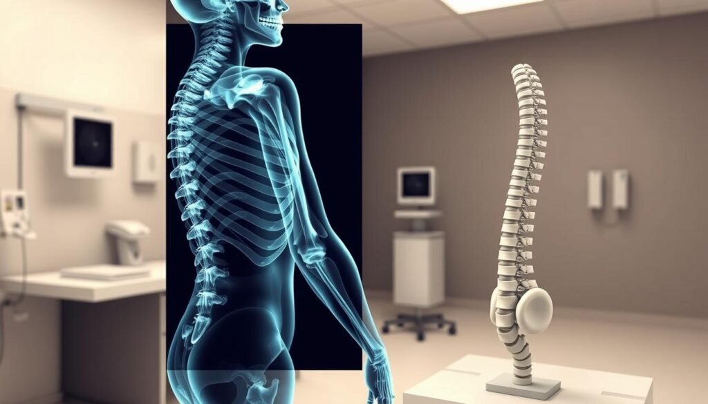 A detailed medical illustration showcasing radiographic imaging of scoliosis in a human spine. The foreground depicts a clear, high-resolution X-ray image highlighting the curvature and asymmetry of the vertebrae. The middle ground showcases a 3D rendered model of the spine, rotated to reveal the spinal deformity from multiple angles. The background features a muted, clinical setting with medical equipment and a neutral color palette to emphasize the diagnostic focus. Bright, even lighting casts clear shadows to accentuate the anatomical structures. The overall composition conveys a sense of professional, scientific analysis to aid in the diagnosis and treatment of this spinal condition. A detailed medical illustration showcasing radiographic imaging of scoliosis in a human spine. The foreground depicts a clear, high-resolution X-ray image highlighting the curvature and asymmetry of the vertebrae. The middle ground showcases a 3D rendered model of the spine, rotated to reveal the spinal deformity from multiple angles. The background features a muted, clinical setting with medical equipment and a neutral color palette to emphasize the diagnostic focus. Bright, even lighting casts clear shadows to accentuate the anatomical structures. The overall composition conveys a sense of professional, scientific analysis to aid in the diagnosis and treatment of this spinal condition.
