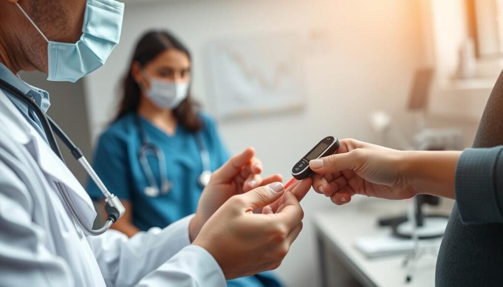 A medical diagnostic scene with a healthcare professional monitoring a patient's blood glucose levels using a glucometer device. The patient's hand is gently held as the doctor examines the test results. The scene is bathed in soft, natural lighting, conveying a sense of care and attention to detail. In the background, medical equipment and charts suggest a clinical setting, while the overall mood is one of reassurance and professionalism, emphasizing the importance of glucose monitoring for effective diabetes management.