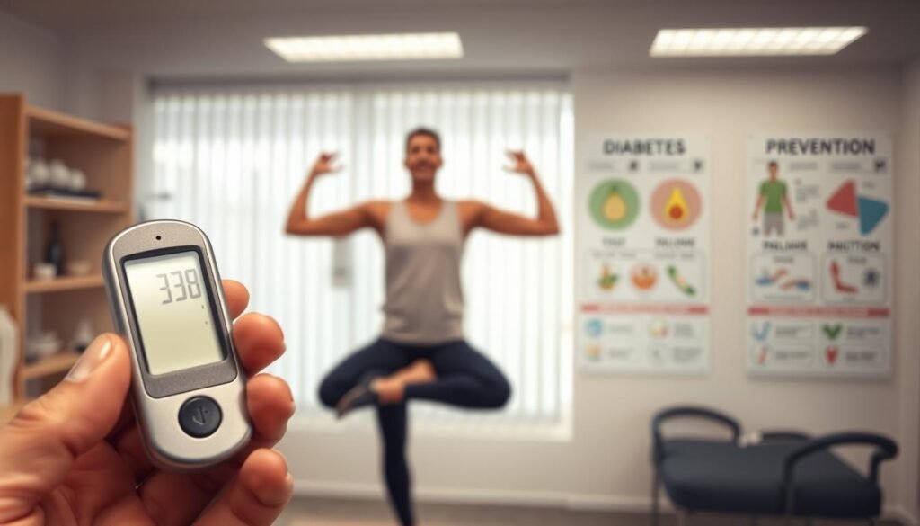 A serene, well-lit medical examination room. In the foreground, a close-up view of a doctor's hand holding a glucose meter, the display showing a balanced blood sugar level. In the middle ground, a person performing gentle yoga poses, emphasizing the importance of physical activity. The background features educational charts and diagrams illustrating the prevention and treatment of diabetes through lifestyle modifications. The scene conveys a sense of control, health, and the holistic approach to managing diabetes.