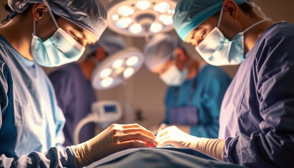 A vibrant and dynamic scene of a medical intervention procedure, illuminated by the warm glow of surgical lighting. In the foreground, a team of skilled healthcare professionals, their faces obscured by surgical masks, lean intently over a patient, performing a delicate and precise intervention. The middle ground reveals the gleaming medical equipment, arranged with clinical precision, conveying the advanced technological capabilities of the facility. In the background, a softly blurred backdrop of muted tones creates a sense of serene professionalism, allowing the viewer's focus to remain on the critical task at hand. The overall atmosphere is one of focused intensity, reflecting the gravity and importance of the "الأشعة التدخلية" procedure.