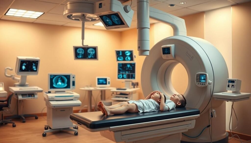 A well-lit, diagnostic imaging suite filled with state-of-the-art medical equipment. In the foreground, a child patient lies on an examination table, undergoing a radiographic scan. The technician operates the imaging device with a focused, professional demeanor. The middle ground features various medical imaging displays and monitoring systems, conveying the advanced technological capabilities. In the background, a warm, calming color palette with muted tones creates a soothing, reassuring atmosphere. The scene evokes a sense of trust, care, and the importance of comprehensive pediatric diagnosis through specialized imaging techniques.