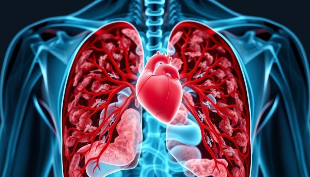 A well-lit, high-resolution scan of the human thoracic cavity, showcasing the intricate structure of the lungs, heart, and surrounding tissues. The image should be crisp, detailed, and offer a clear view of the internal anatomy, emphasizing the potential for early cancer detection. The lighting should be soft and evenly distributed, creating a sense of depth and dimensionality. The camera angle should be slightly elevated, providing a comprehensive perspective of the thoracic region. The overall mood should convey a sense of medical professionalism and the importance of preventive healthcare. A well-lit, high-resolution scan of the human thoracic cavity, showcasing the intricate structure of the lungs, heart, and surrounding tissues. The image should be crisp, detailed, and offer a clear view of the internal anatomy, emphasizing the potential for early cancer detection. The lighting should be soft and evenly distributed, creating a sense of depth and dimensionality. The camera angle should be slightly elevated, providing a comprehensive perspective of the thoracic region. The overall mood should convey a sense of medical professionalism and the importance of preventive healthcare.