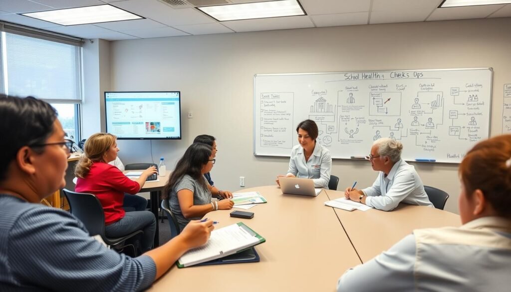 A well-lit classroom setting, with a team of school nurses and administrators gathered around a large table, reviewing student health records and coordinating the school health check-up process. In the foreground, a nurse takes notes on a clipboard, while in the middle ground, a computer displays a digital dashboard of student health data. In the background, a whiteboard outlines the step-by-step procedures for the check-ups, with icons and diagrams illustrating the workflow. The atmosphere is one of professionalism and collaboration, as the team works to ensure the efficient and comprehensive implementation of the school health screening program. A well-lit classroom setting, with a team of school nurses and administrators gathered around a large table, reviewing student health records and coordinating the school health check-up process. In the foreground, a nurse takes notes on a clipboard, while in the middle ground, a computer displays a digital dashboard of student health data. In the background, a whiteboard outlines the step-by-step procedures for the check-ups, with icons and diagrams illustrating the workflow. The atmosphere is one of professionalism and collaboration, as the team works to ensure the efficient and comprehensive implementation of the school health screening program.