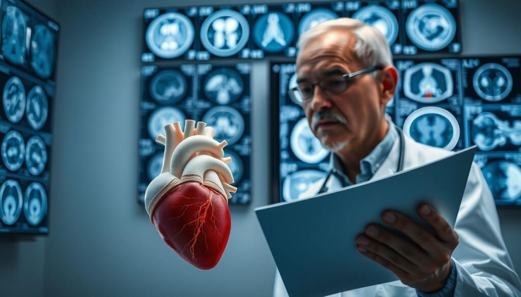 Interpreting Imaging Results for Optimal Diagnosis: A radiologist examines medical scans with a contemplative gaze, meticulously analyzing intricate details to uncover insights that guide precise diagnosis and informed treatment. Soft, directional lighting illuminates the scene, casting subtle shadows that accentuate anatomical structures. In the foreground, a high-resolution 3D model of the heart and surrounding vasculature hovers, rotatable and scalable, allowing for in-depth exploration. In the background, a wall-mounted display showcases a variety of imaging modalities, from CT and MRI to PET and ultrasound, each providing complementary data to paint a comprehensive picture of the patient's condition. The overall atmosphere is one of focus, expertise, and a steadfast commitment to unlocking the secrets hidden within the body's intricate systems.