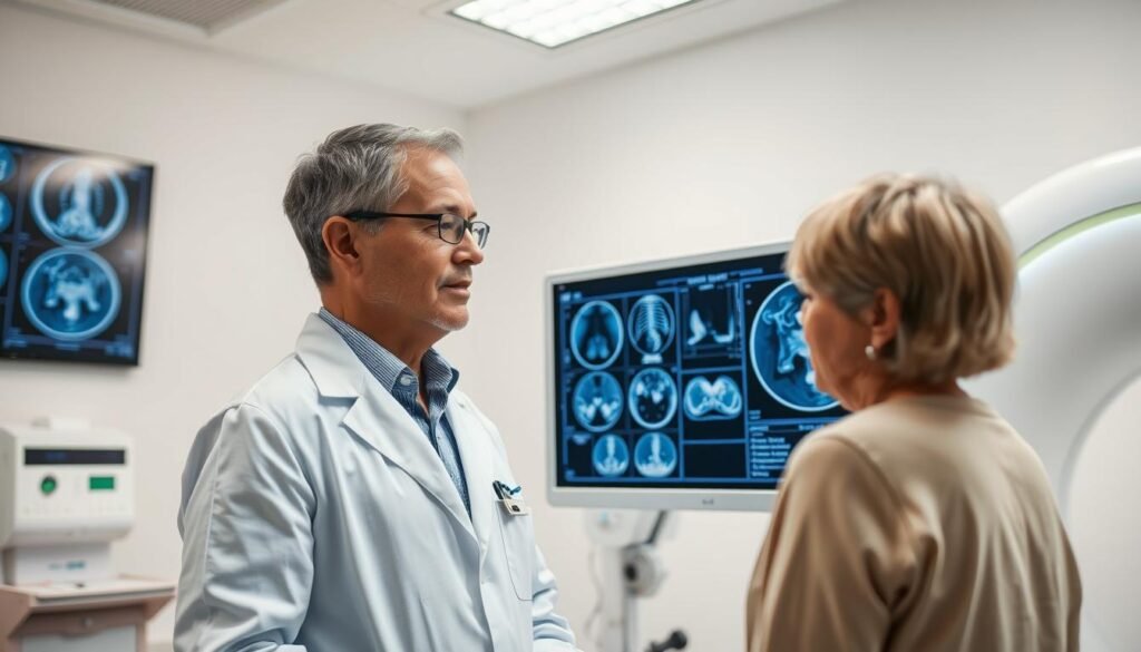 A radiologist in a white coat stands beside a patient, intently examining diagnostic images displayed on a high-resolution monitor. The bright, well-lit medical examination room has a calming, professional atmosphere. The radiologist's expression conveys expertise and empathy as they discuss the patient's condition. The scene captures the care and attention to detail that characterizes the Centre de Radiologie Diouri, where advanced technology and medical expertise are combined to deliver exceptional patient care. A radiologist in a white coat stands beside a patient, intently examining diagnostic images displayed on a high-resolution monitor. The bright, well-lit medical examination room has a calming, professional atmosphere. The radiologist's expression conveys expertise and empathy as they discuss the patient's condition. The scene captures the care and attention to detail that characterizes the Centre de Radiologie Diouri, where advanced technology and medical expertise are combined to deliver exceptional patient care.