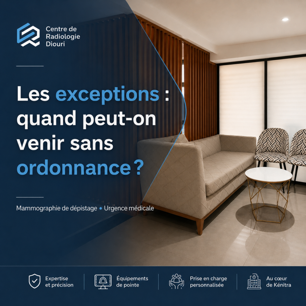 Salle d’attente du Centre de Radiologie Diouri à Kénitra pour les patients venant pour une mammographie de dépistage ou une urgence médicale