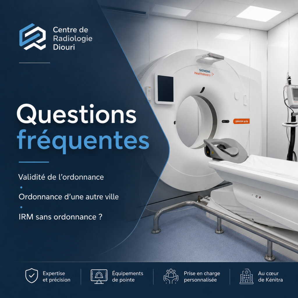 Salle de scanner du Centre de Radiologie Diouri à Kénitra pour répondre aux questions fréquentes sur l’ordonnance médicale