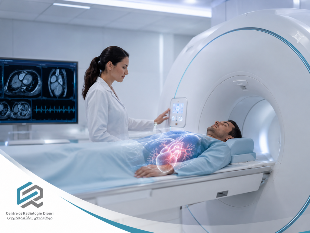 Patient passant une IRM cardiaque à Kénitra sous la surveillance d’une professionnelle au Centre de Radiologie Diouri.