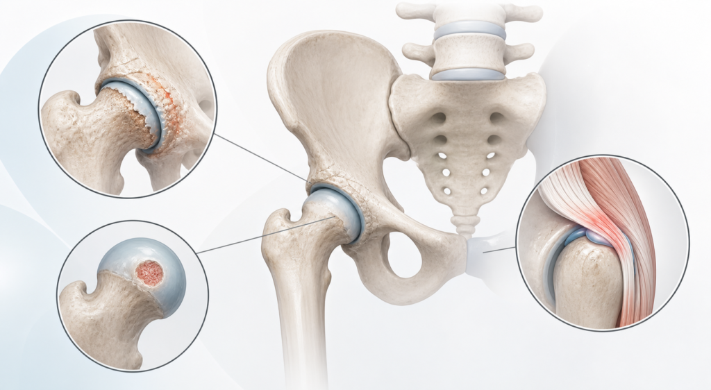 Illustration anatomique de la hanche montrant la coxarthrose, l’ostéonécrose de la tête fémorale et une atteinte tendineuse.